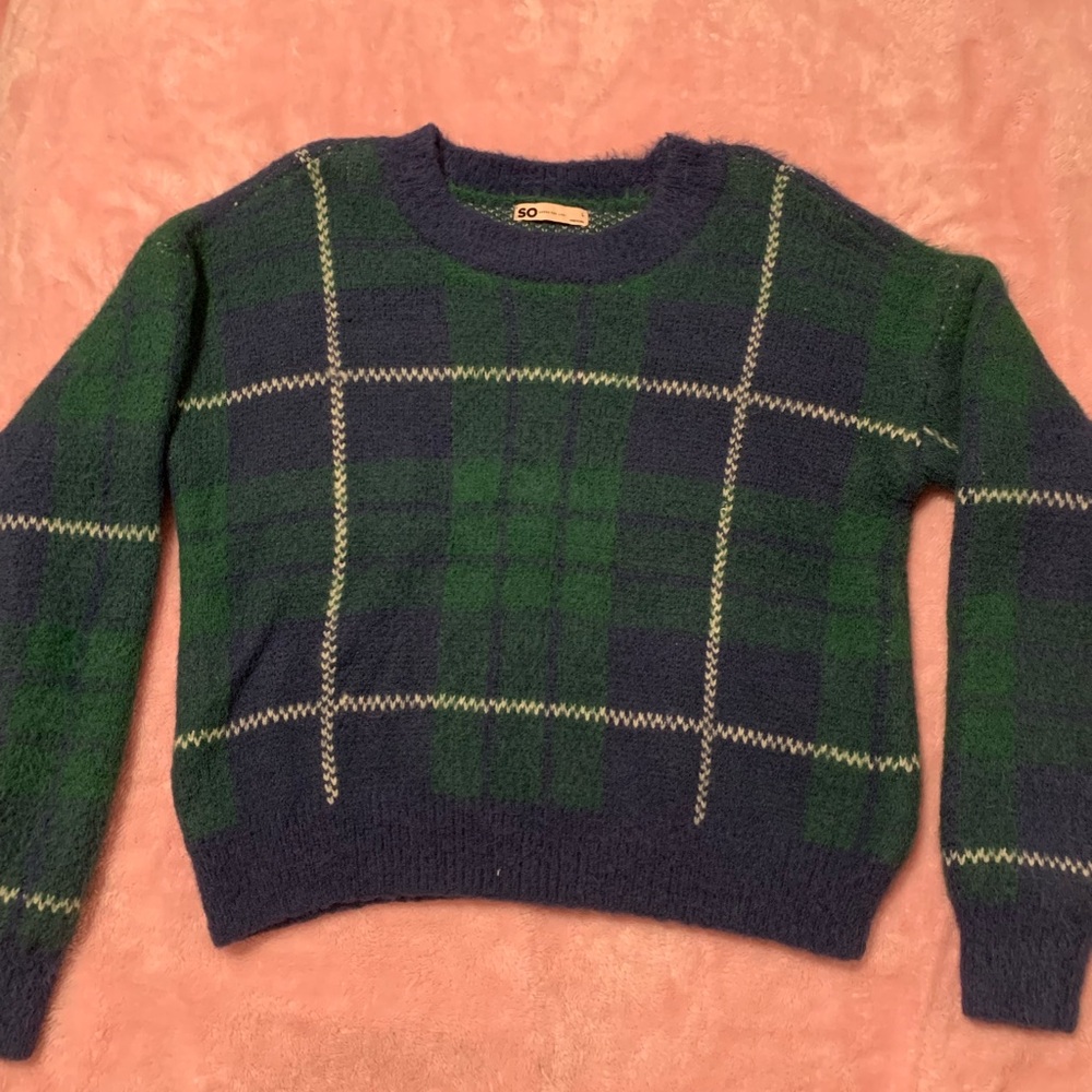 SO Green and Blue Plaid Women's Sweater